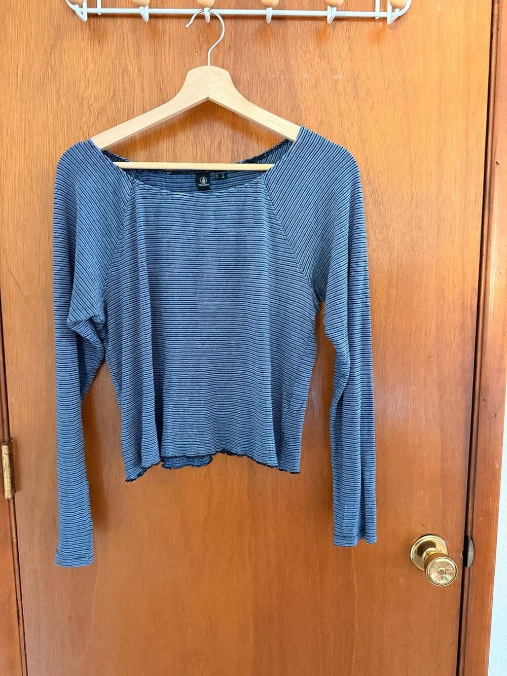 Volcom Women's Blue and Black Striped Long Sleeve Lettuce Edge Pullover Top